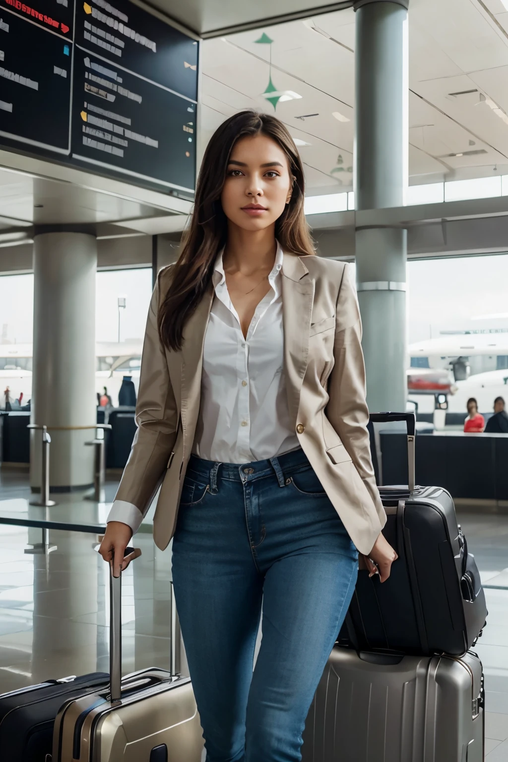 In the heart of a modern, bustling airport, a single girl, exuding an aura of confidence, stands solo in her professional attire. She's meticulously dressed in a tailored blazer, paired with a crisp, tucked-in shirt. A pair of ripped skinny jeans completes her outfit, lending a touch of modernity to her travel-ready look. Carrying a sleek, fashionable suitcase at her side, she's not directly facing the camera, but her gaze is fixed on the flight display behind her. The background is a glass expanse, reflecting the gleaming atmosphere of the airport. The lighting is bright, casting realistic shadows and highlighting her confident