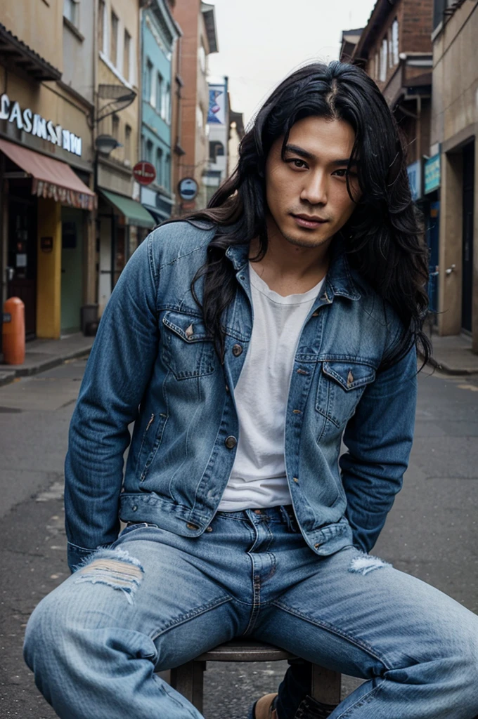 asian handsome man, with curly black long hair, use blue jeans jacket, ripped jeans, boot, large town as backgrounds