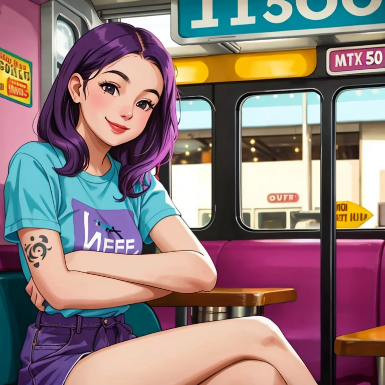 street photography photo of a young woman with purple hair, smile, happy, cute t-shirt, tattoos on her arms, sitting in a 50s diner