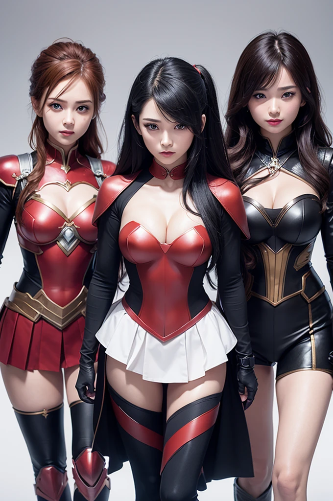 create an image with three heroines and a recruitment and selection hero