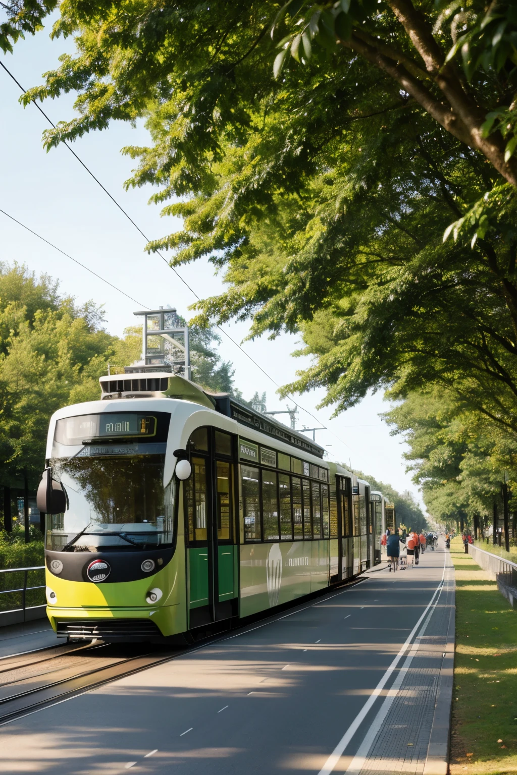 A two-lane round trip tram in green and white, no letters, surrounded by medium vegetation. On the right, double lanes with cars; On the left, a cycle path with people also with vegetation. At the bottom, a forest with squares, Malls, restaurants with people. the background shows a shopping center, the image that is front or side, hyperrealistic lighting type morning render