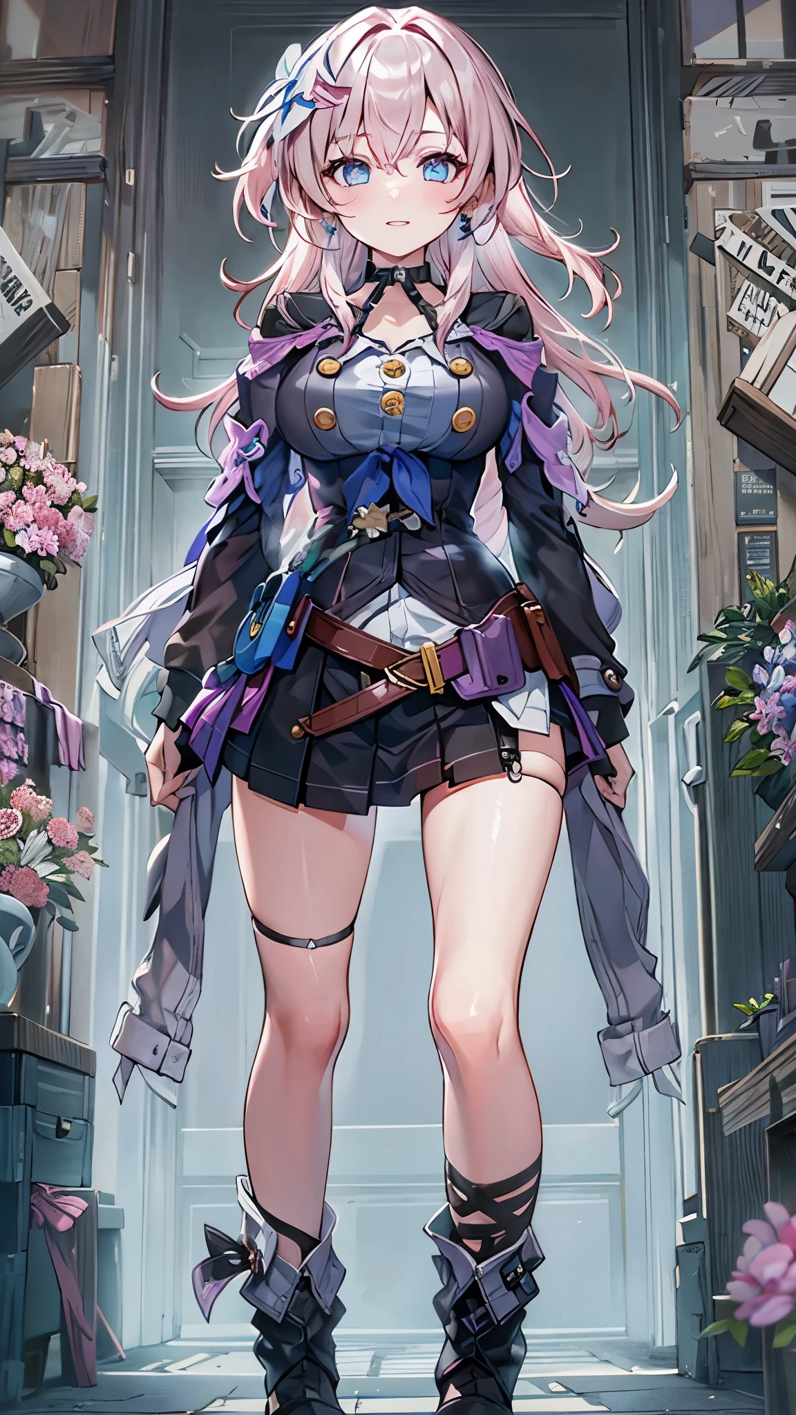 (masterpiece), best quality, expressive eyes, perfect face, 1 girl, solo, march seventh, blue eyes, hair between eyes, medium hair, pink eyes, pink hair, two-tone eyes, ankle boots, archery shooting glove, badge, bare legs, black choker, black corset, black footwear, black gloves, blue jacket, blue skirt, boots, button badge, buttons, choker, collarbone, corset, earrings, flower ornament, gloves, high heel boots, high heels, jacket, jewelry, long sleeves, miniskirt, partially fingerless gloves, pleated skirt, shirt, single earring, single glove, skirt, thigh strap, tied jacket, underbust, white shirt, smiling, city, background, futuristic city, standing, knees up, upper body, portrait, looking at the viewer, model pose, front view, walk towards the viewer, symmetrical pose, symmetrical towards the cam