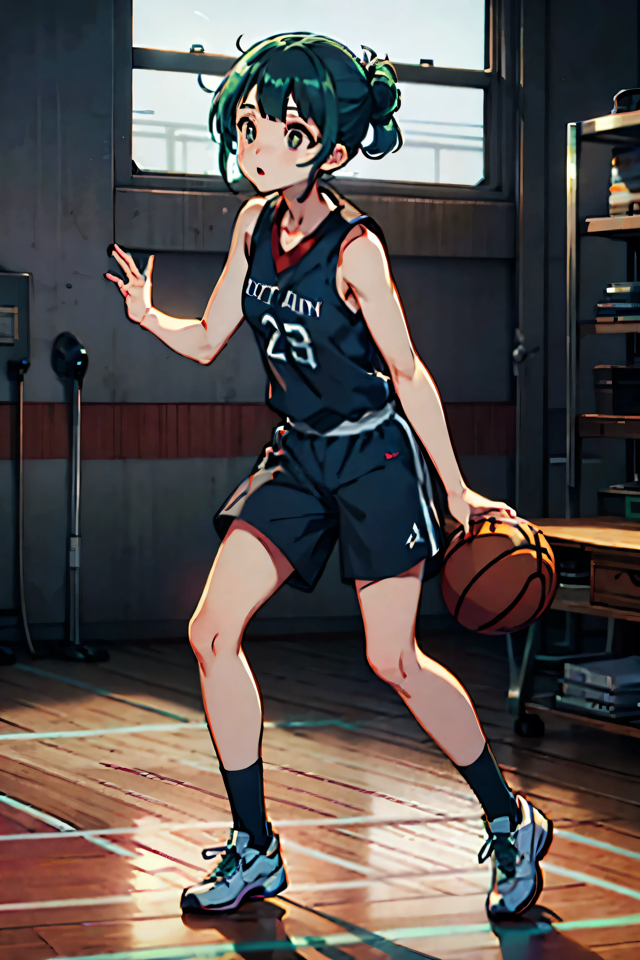 I&#39;Meter thin、Tight waist、The legs are also thin、Wearing a basketball uniform、Green hair color、The eyes are purple、Basketball court、Play basketball
