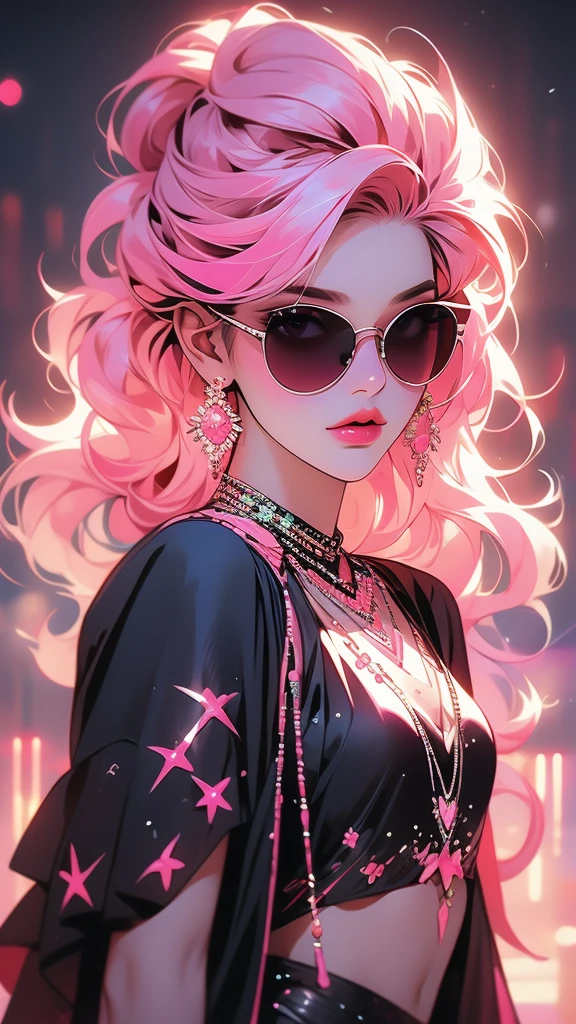 photoshoot by @sophiamartian instagram model with neon and bling, bright colors, bright lights, pink hair, 1girl, solo, jewelry, long hair, sunglasses