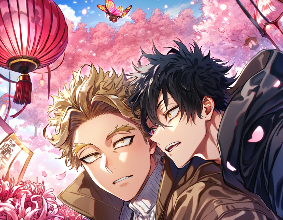 absurd resolution, high resolution, ultra detailed, detailed eyes, delicated features, extremely detailed, HDR, 8K, Hawks, ash-blonde hair, expressive golden brown eyes, Boku No Hero Academia, Megumi, black hair, messy hair, expressive red eyes, two sexy men together, yaoi, gay couple, handsome, brown coat with fur, black coat, fantasy, cool, magical, pink glittering butterflies, pink dust flying around, pink spider lilies, pink petals, pink lanterns, Japanese ambiance, pink blossoms