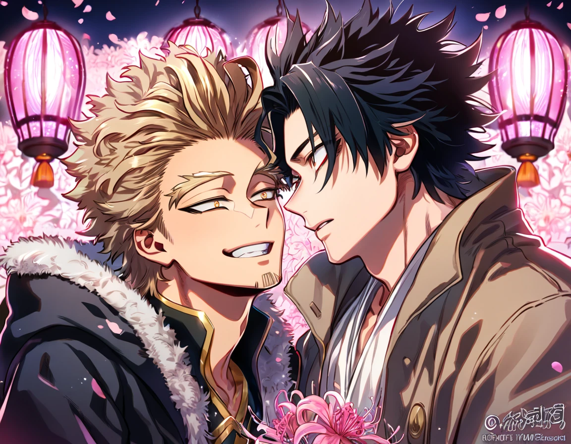 absurd resolution, high resolution, ultra detailed, detailed eyes, delicated features, extremely detailed, HDR, 8K, Hawks, ash-blonde hair, expressive golden brown eyes, Boku No Hero Academia, Megumi, black hair, messy hair, expressive red eyes, two sexy men together, yaoi, gay couple, handsome, brown coat with fur, black coat, fantasy, cool, magical, pink glittering butterflies, pink dust flying around, pink spider lilies, pink petals, pink lanterns, Japanese ambiance, pink blossoms