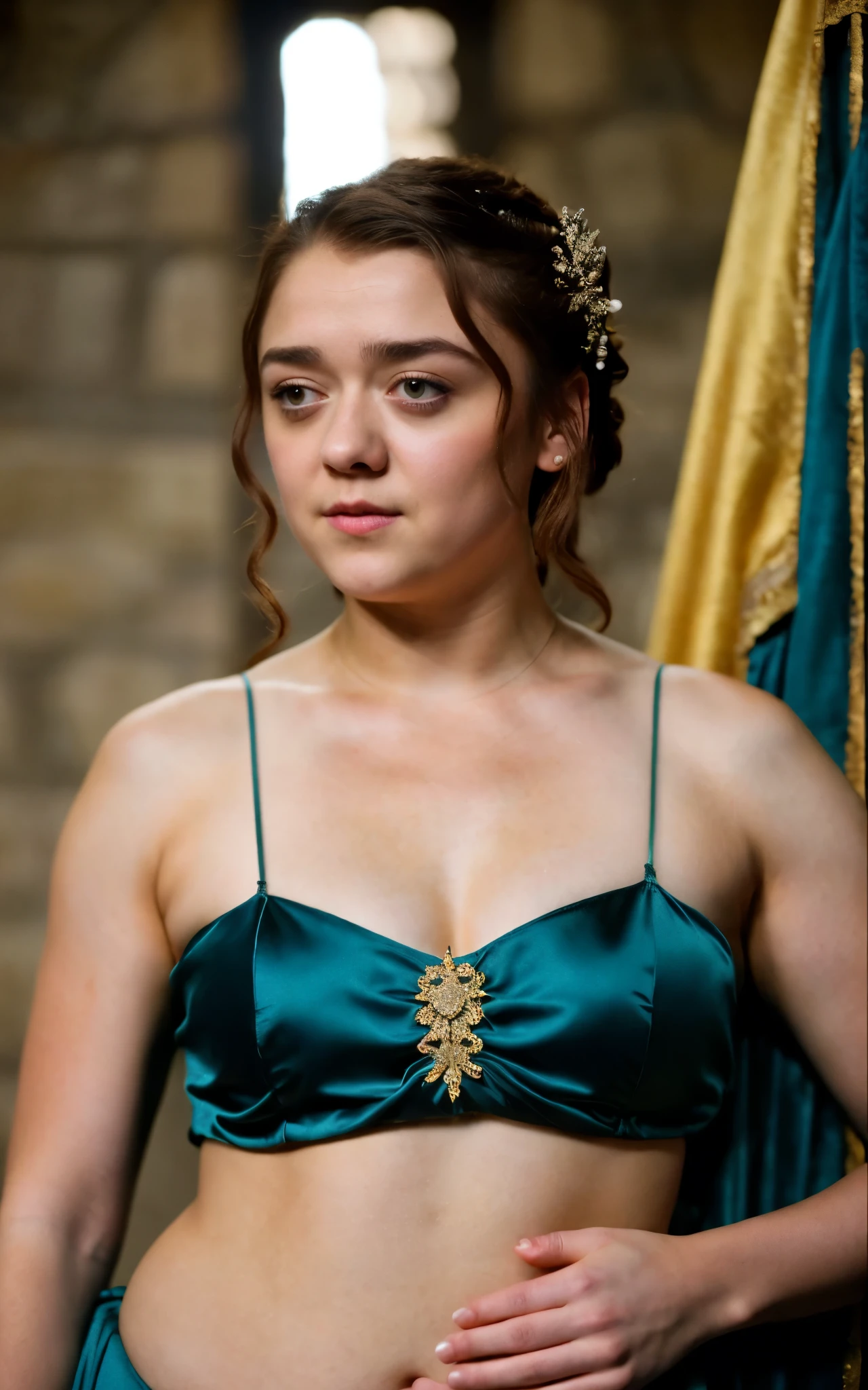 Foto RAW, Arya Stark, Stunning Beauty, Ravishing, Enchantress, Extremely gorgeous lady, Arya Stark PLAYED BY MAISIE WILLIAMS, Queen Arya Stark, she  a mature woman now, milf, sexy mediaeval battle dress, gladiator woman, body, 40 years old Woman, Roman slave dress, cotton dress, busty mediaeval costumes, body revealing costumes, perky breast, big natural breast, erotic costumes, lusty physique, seductive figure can capture every people's attention, Game of thrones costumes, revealing captivating figure, Mediaeval costumes, revealing clothes, A tomboy, she would rather fence than dance, warrior queen , game of thrones screen caps, Game of Thrones Series, (pele altamente detalhada: 1.2), 8k UHD, DSLR, soft-lighting, alta qualidade, grain of film, Fujifilm XT3, flawless picture, highly detailed, detailed Beauty, intricate, 32k, sharp picture,