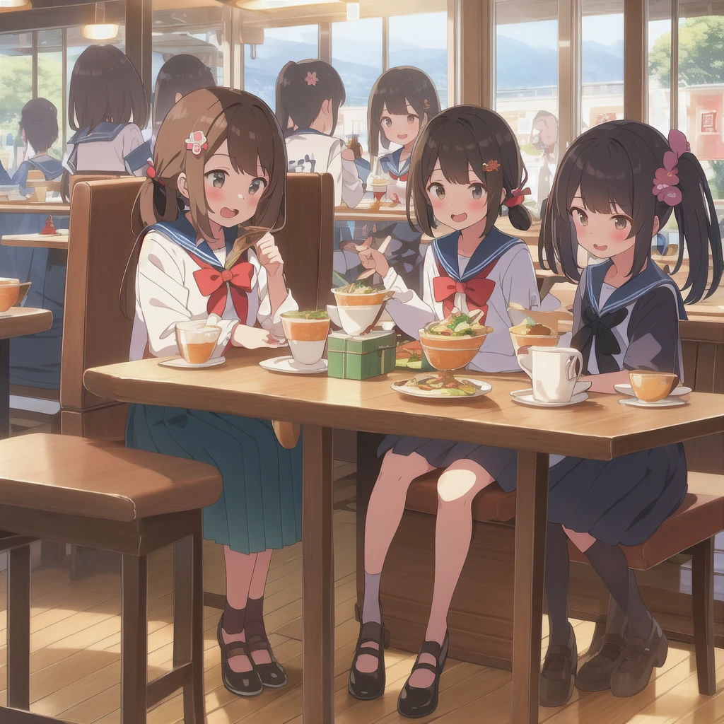 Sitting, Long Hair, Twin tails, テーブ 5girl, low 翼, bag, hea low Twin tails, skirt, indoor, 6+girl, Light brown hair, shoes, window, hair ornaments, cup, feathered 翼, restaurant, Sailor collar, Black Hair, Open your mouth, smile,