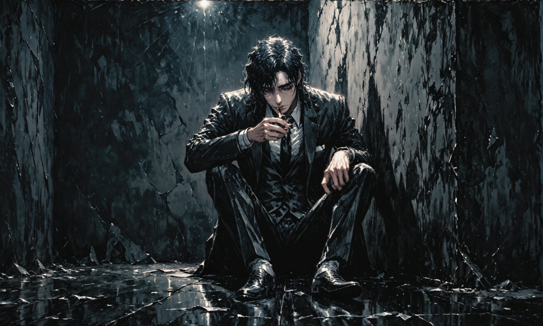 Constantine, man sitting on the floor,lighting a cigarette,lighter fire, dressed in a suit, black tie, broken glass on the floor, leaning against a wall, dark and gloomy scene