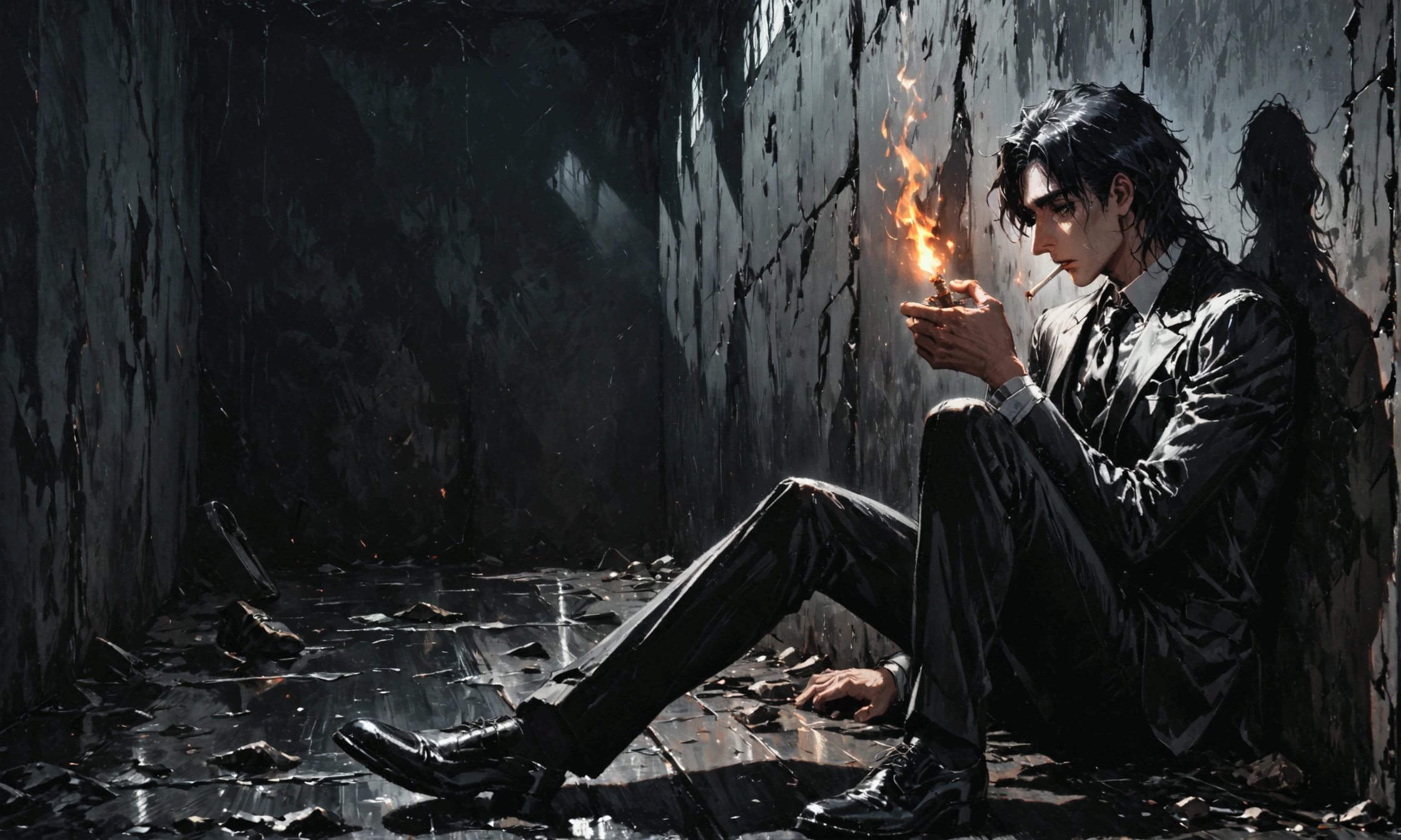 Constantine, man sitting on the floor,lighting a cigarette,lighter fire, dressed in a suit, black tie, broken glass on the floor, leaning against a wall, dark and gloomy scene