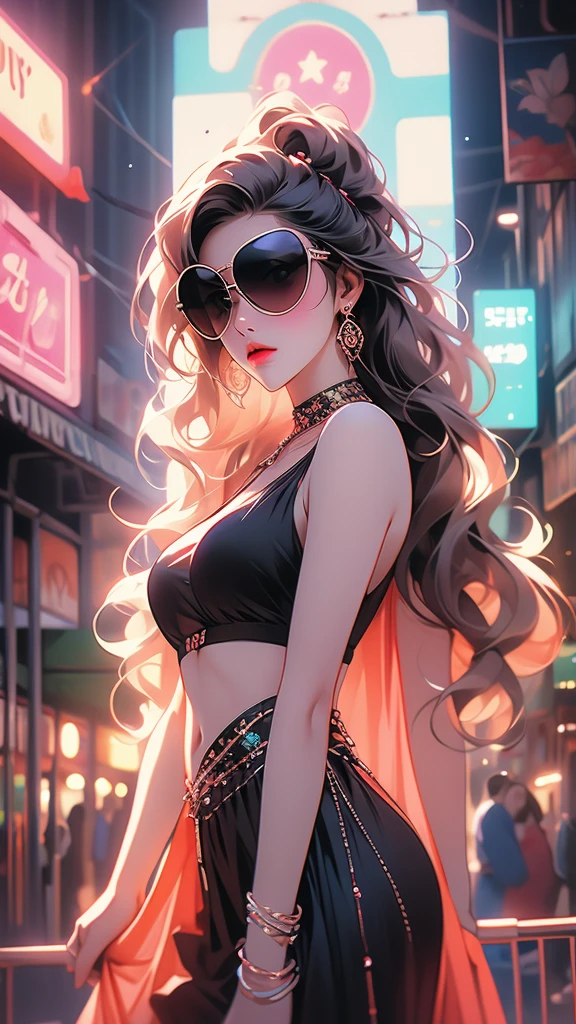 photostudio - the neon lady by danielle taylor, 1girl, solo, jewelry, long hair, sunglasses