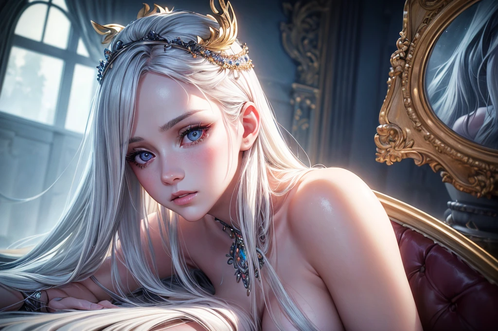 1girl, long white hair, small breasts, detailed face, beautiful detailed eyes, beautiful detailed lips, extremely detailed face, delicate facial features, porcelain skin, elegant pose, serene expression, fantasy, dreamlike, ethereal, chiaroscuro lighting, cinematic, moody, dramatic shadows, vibrant colors, (best quality,4k,8k,highres,masterpiece:1.2),ultra-detailed,(realistic,photorealistic,photo-realistic:1.37)