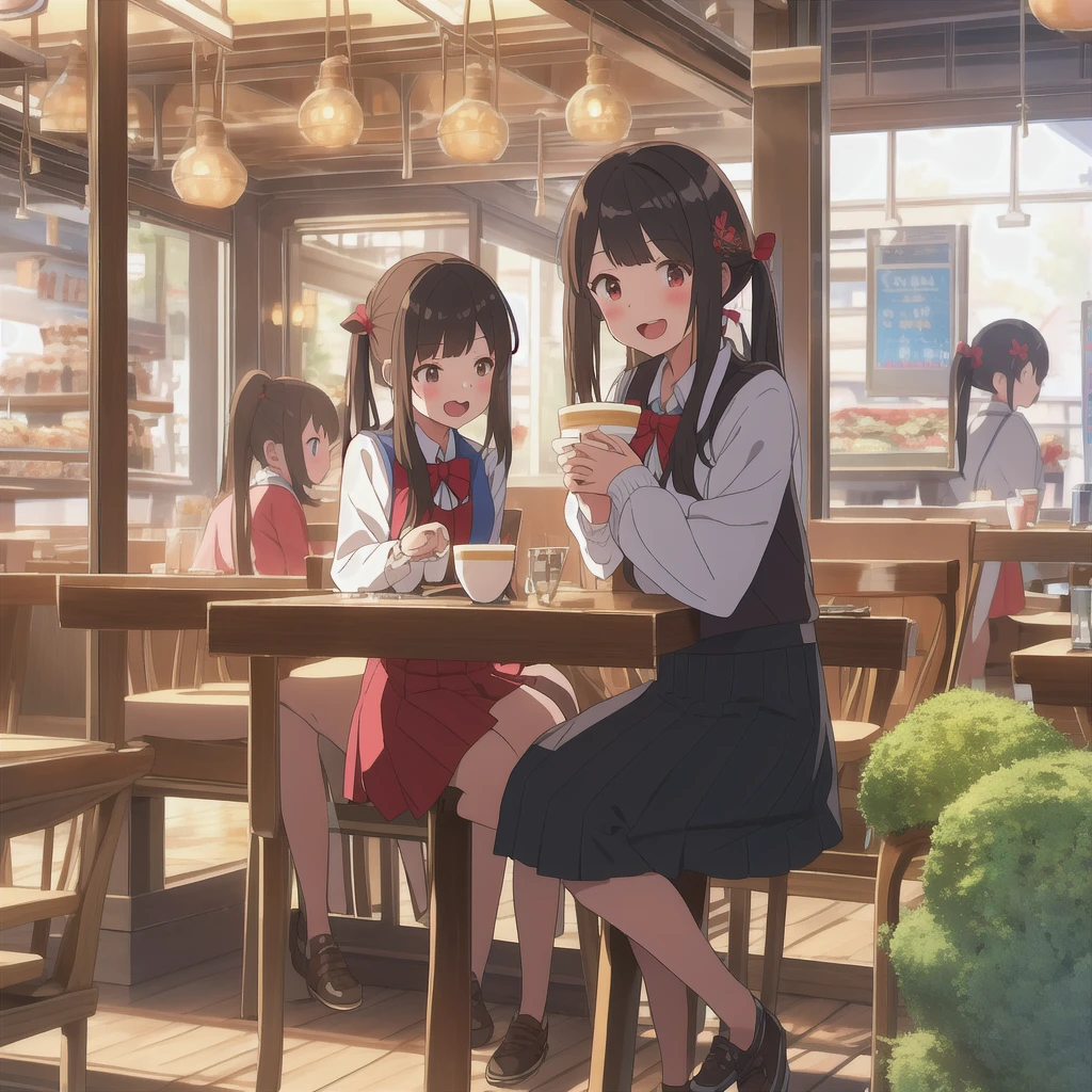 Sitting, Long Hair, Twin tails, テーブ 5girl, low 翼, bag, hea low Twin tails, skirt, indoor, 6+girl, Light brown hair, shoes, window, hair ornaments, cup, feathered 翼, restaurant, Black Hair, Open your mouth, smile,