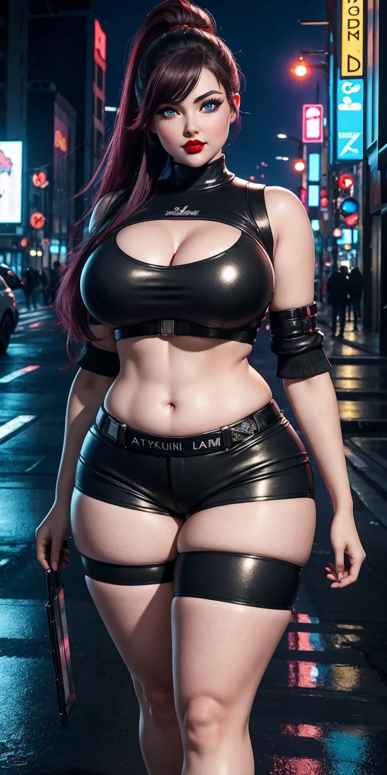 (masterpiece, best quality, expressive eyes, perfect face, hyper-realistic detailed face), Ultra HD, 4K, HDR, (8K), 3D cyberpunk street, gaming hubs, cyberpunk theme, night, futuristic, (1024K), reflections, glass, mirrors, RTX 4090 ti, ray tracing, high octane render, (Doll in cyberpunk streets, gorgeous), (curvy), age 20, confident smirk, wearing shorts, high ponytail, (((red lips))), (((anime like eyes, thick eyelashes))), ((raised arrogant eyebrows)), ((heavy makeup)), pink cheeks, perfect body, (wide hips, wide waist, torso, belly, navel), (curvaceous figure), sweaty skin, (youthful skin), pale white skin