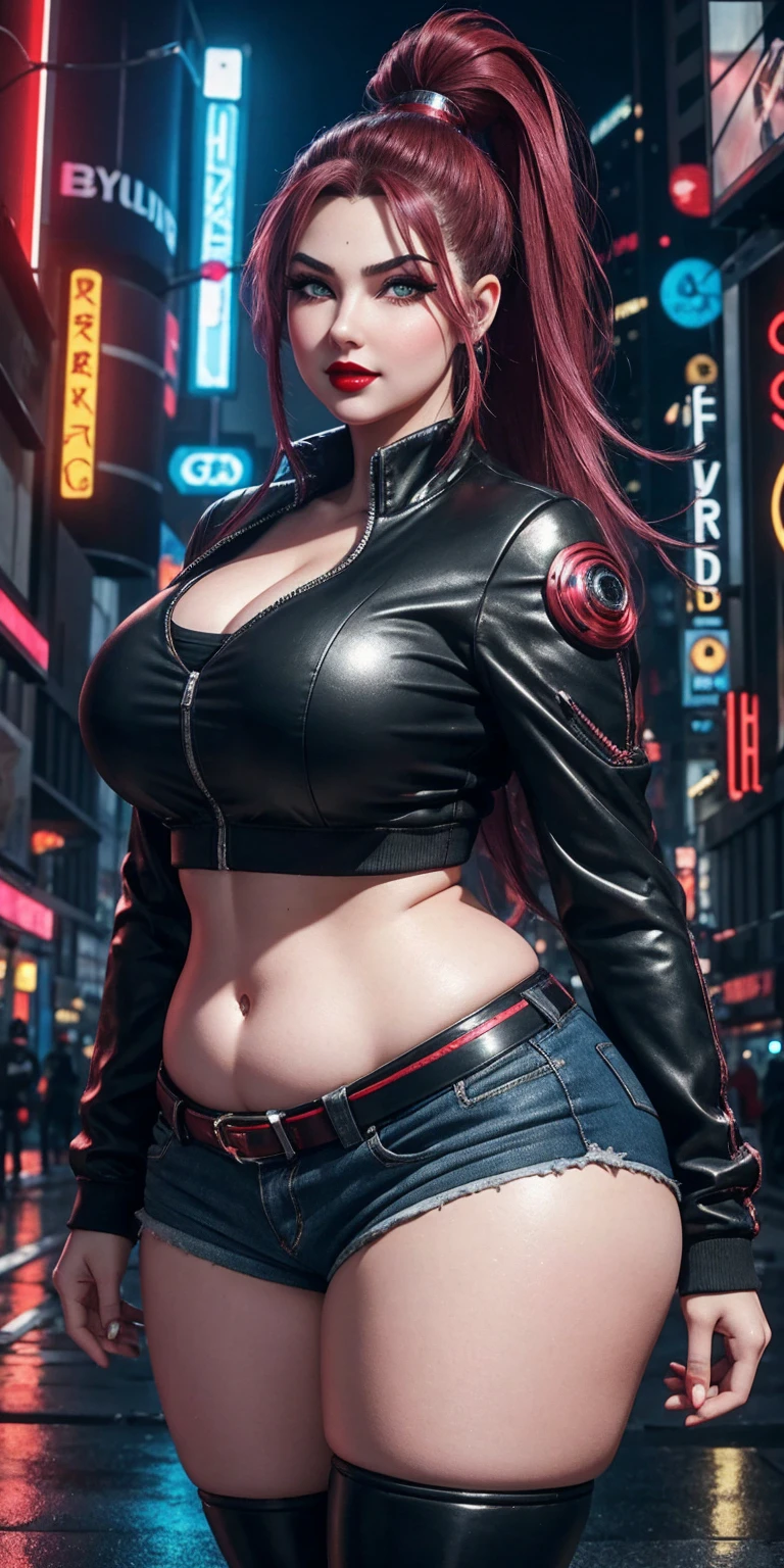(masterpiece, best quality, expressive eyes, perfect face, hyper-realistic detailed face), Ultra HD, 4K, HDR, (8K), 3D cyberpunk street, gaming hubs, cyberpunk theme, night, futuristic, (1024K), reflections, glass, mirrors, RTX 4090 ti, ray tracing, high octane render, (Doll in cyberpunk streets, gorgeous), (curvy), age 20, confident smirk, wearing shorts, high ponytail, (((red lips))), (((anime like eyes, thick eyelashes))), ((raised arrogant eyebrows)), ((heavy makeup)), pink cheeks, perfect body, (wide hips, wide waist, torso, belly, navel), (curvaceous figure), sweaty skin, (youthful skin), pale white skin