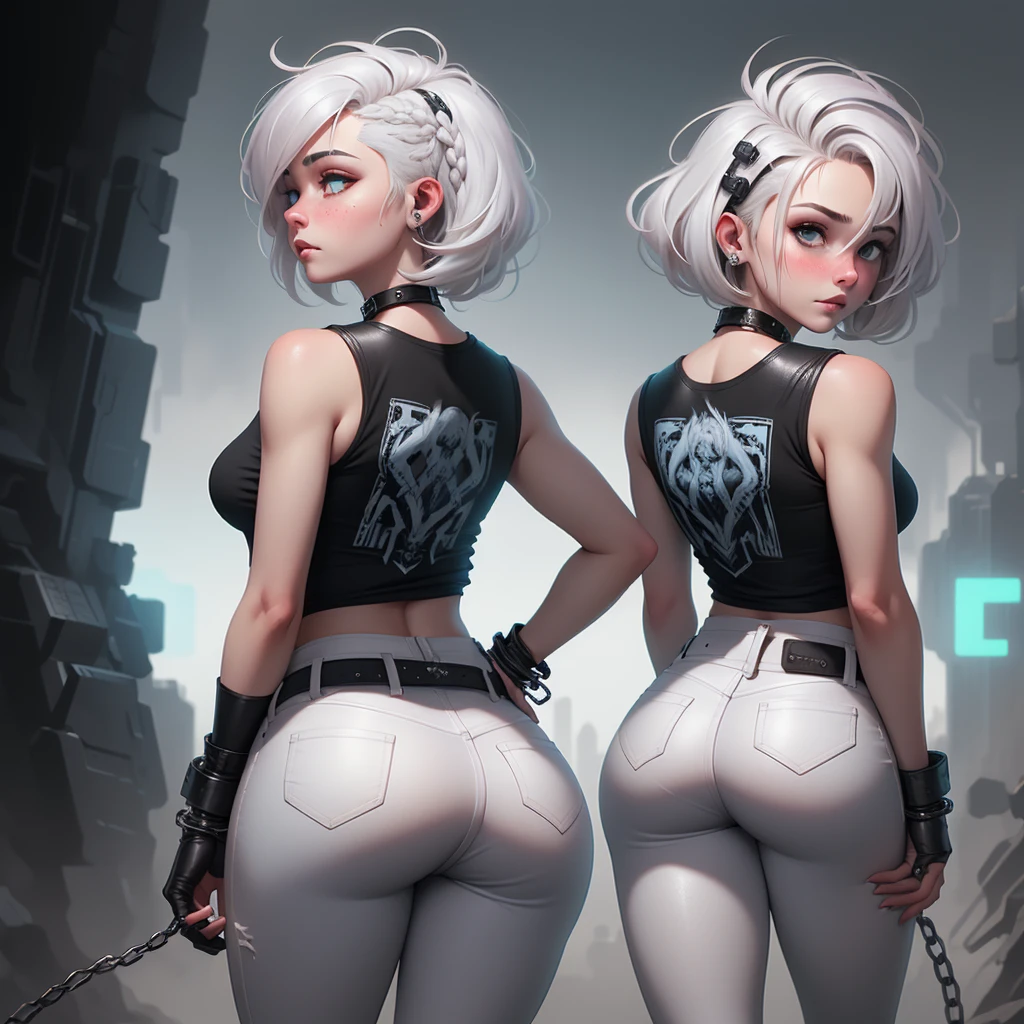 Style of Santiago Caruso,1 girl,Single,Blue background,oversized ,(dark black leather:1.4), (Hip-hop style:1.4) ,(Black checkered sleeveless T-shirt:1.4) ,(shiny white tights/shackles:1.4),(white jeans :1.4) ,One hand behind your back,I look at the audience,(Soft and Simple Cyberpunk Hairstyle:1.5), Glowing fluorescent hair,Simple style,wide angle,Dynamic angle,Slanted screen composition,(bang_fixed_back:1.5),(head_slope:1.7),(Blush visible through hair:1.4) , an epic fantasy арт стиль hd, 4k fantasy art, an epic fantasy, Digital art style, an epic fantasy-арт style, Fantasy woman, an epic fantasy-арт portrait, Epic fantasy style, hyperrealistic fantasy art, HD fantasy art, epic fantasy character art, an epic fantasy-арт, in the style of dark fantasy art, an epic fantasy, Digital art, (Ideal Anatomy :1.4), (cinematic lighting :1.4),( detailed face :1.4), (Cowboy pose), (she has a nice ass:1.4 ), (white gray hair :1.4), (bright colors), (Cyberpunk style :1.4), (dark black leather:1.4), (back view, back view),