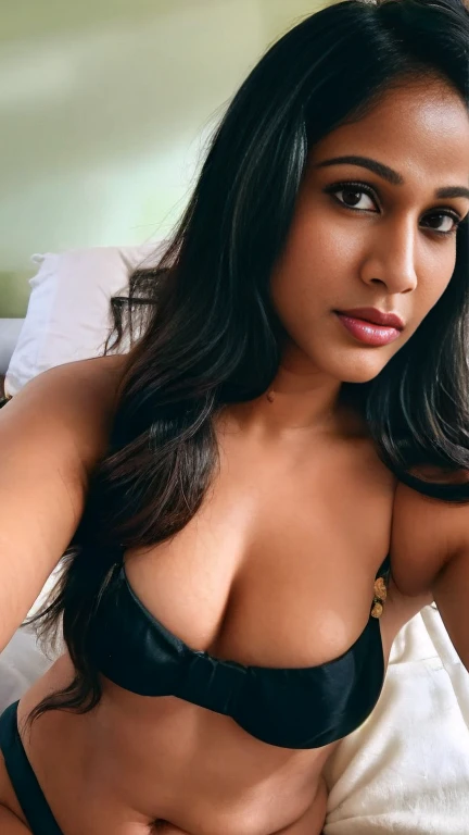 lavanya , closeup face, string black bikini, in bedroom, selfie, ultrarealsitic, body closeup,  close up body shot, cleavage and navel, milf,fair skin