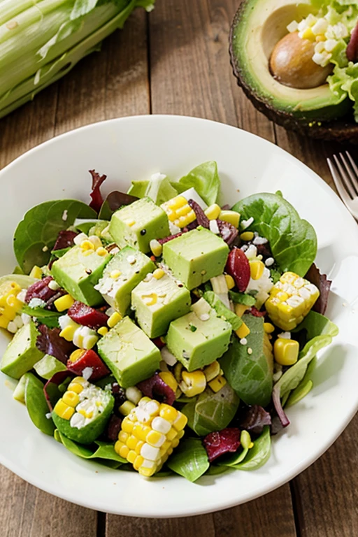 mixed lettuce salad, corn and avocado in cubes