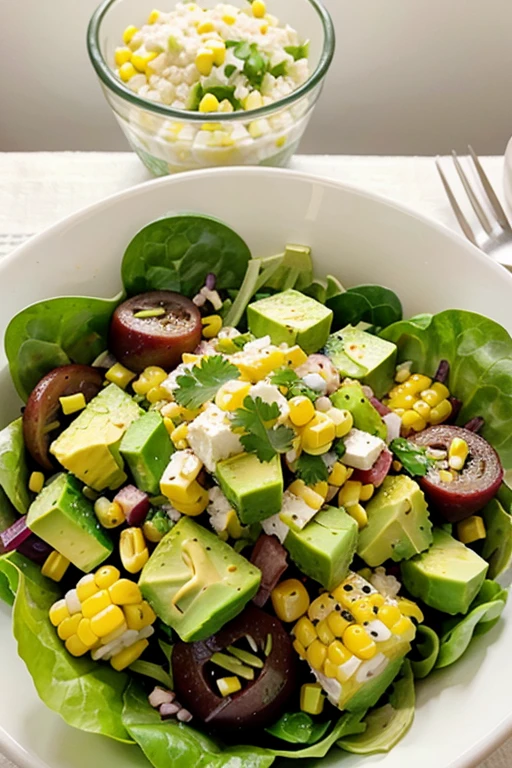 mixed lettuce salad, corn and avocado in cubes