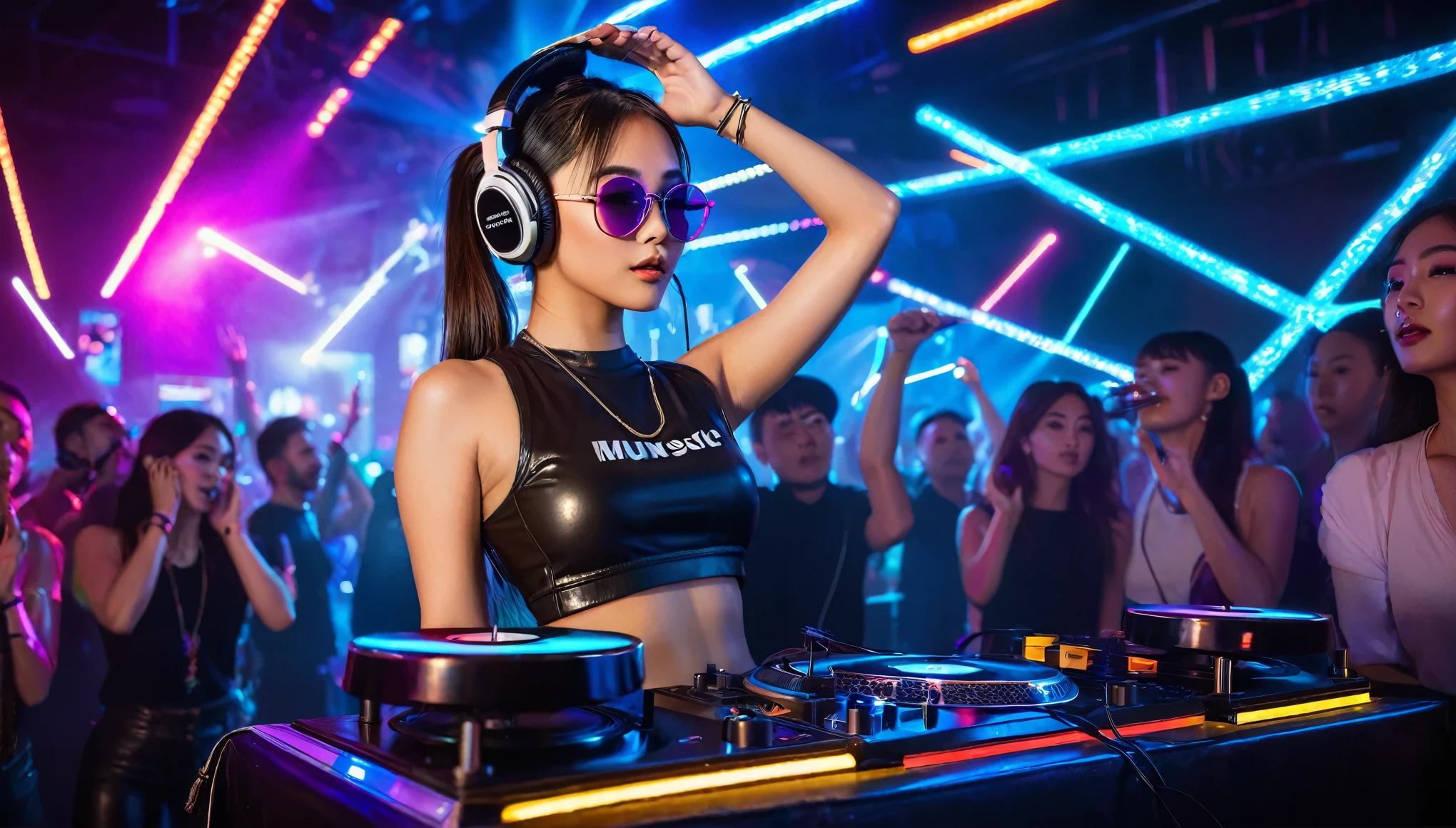 A beautiful asian girl is DJing at a nightclub filled with colorful neon lights. She wears large headphones on one ear and focuses intently on the turntable in front of her, skillfully adjusting the music. She is dressed stylishly in a black crop top and tight leather pants, paired with high boots that add an edgy touch. Her hair is tied in a high ponytail, and she wears sunglasses reflecting the club's lights. In the background, a large LED wall displays the words 'R-Jm Music' in bold, glittering font. The audience in front of her looks excited, with their hands up, following the energetic beat of the music. The club's atmosphere is vibrant and full of energy, with light effects and smoke adding to the lively party scene