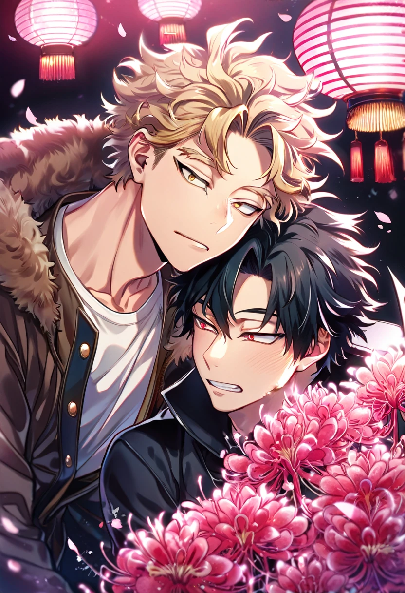 absurd resolution, high resolution, ultra detailed, detailed eyes, delicated features, extremely detailed, HDR, 8K, Hawks, ash-blonde hair, expressive golden brown eyes, Boku No Hero Academia, Megumi, black hair, messy hair, expressive red eyes, two sexy men together, yaoi, gay couple, handsome, brown coat with fur, black coat, fantasy, cool, magical, pink glittering butterflies, pink dust flying around, pink spider lilies, pink petals, pink lanterns, Japanese ambiance, pink blossoms