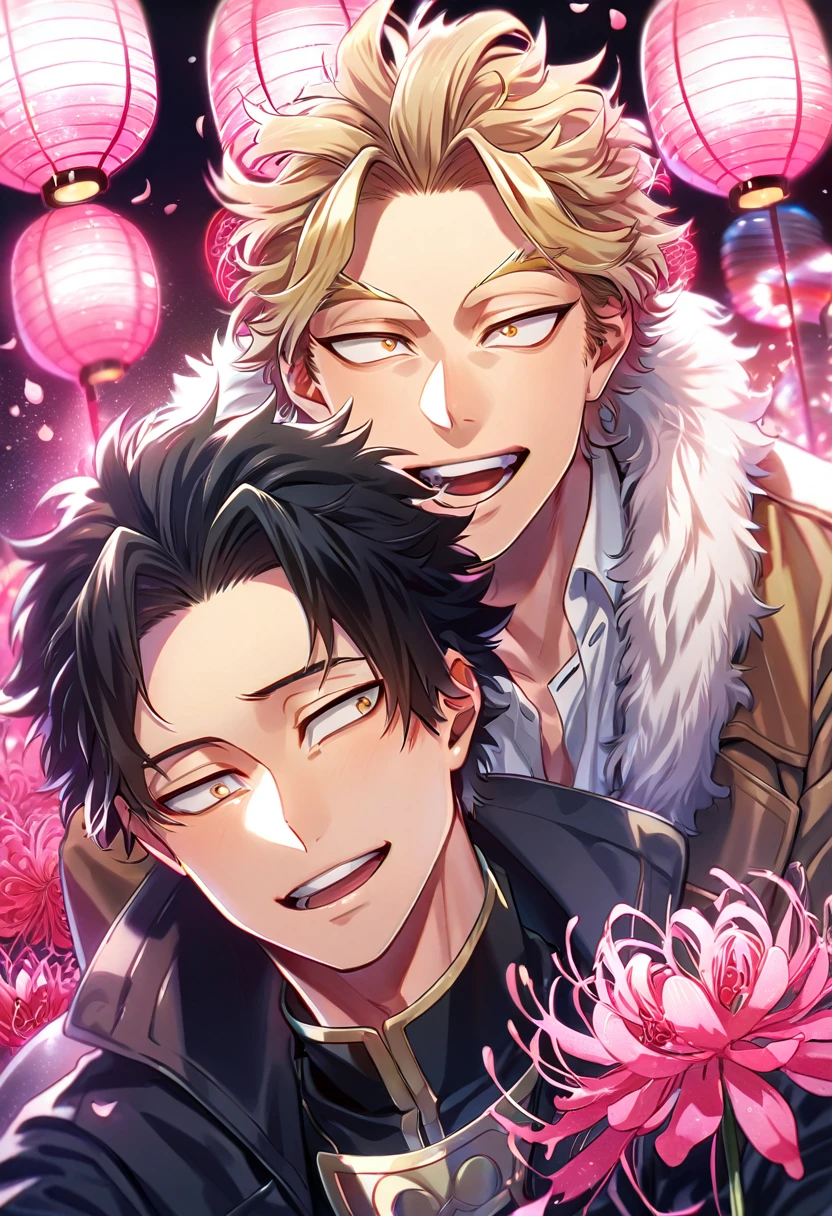 absurd resolution, high resolution, ultra detailed, detailed eyes, delicated features, extremely detailed, HDR, 8K, Hawks, ash-blonde hair, expressive golden brown eyes, Boku No Hero Academia, Megumi, black hair, messy hair, expressive red eyes, two sexy men together, yaoi, gay couple, handsome, brown coat with fur, black coat, fantasy, cool, magical, pink glittering butterflies, pink dust flying around, pink spider lilies, pink petals, pink lanterns, Japanese ambiance, pink blossoms