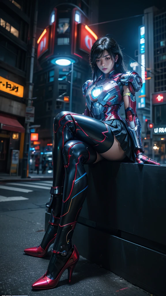 Beautiful Iron Man,Full body portrait,Wearing a blue striped JK skirt,Black pantyhose,Wearing high heels,Cyberpunk,Night,Hyperrealism,Neon Street,Ray Tracing,masterpiece,Light and Shadow,Fine drawing,Sitting with Jiro's legs up,Take off your socks