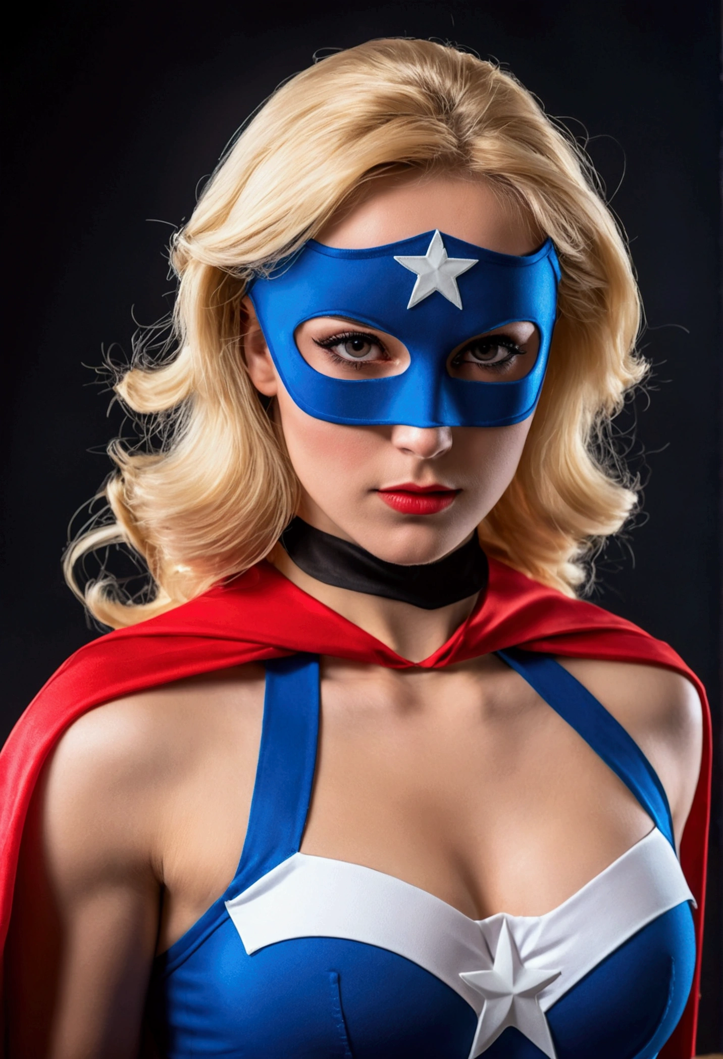 blondy Superheroine in 2 pieces uniform white, red and blue with bare abdomen and shoulders and big , eye mask