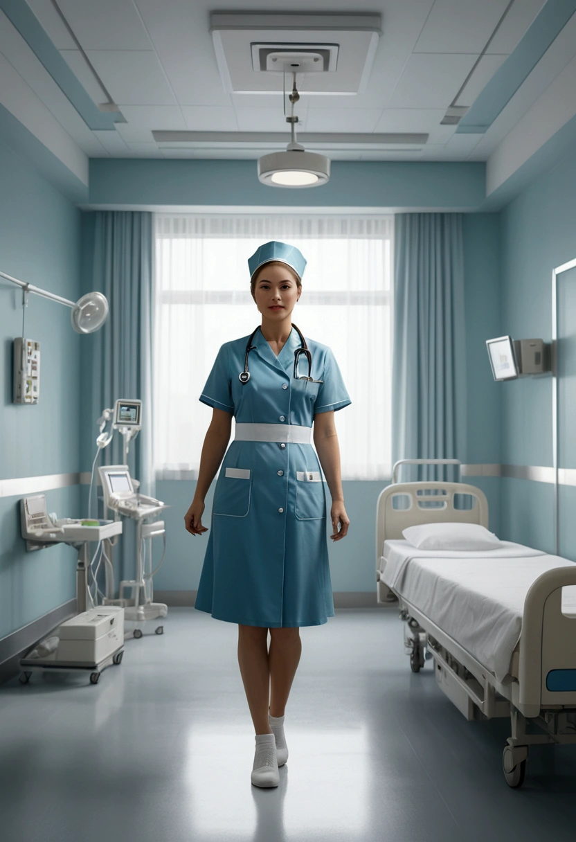 (nurse), smiling in the ward, holding a medical brochure, patiently educating and instructing the patient. The background is a warm ward, full body, award-winning, cinematic still, emotional, vignette, dynamic, vivid, (masterpiece, best quality, photorealistic, Professional, perfect composition, very aesthetic, absurdres, ultra-detailed, intricate details:1.3)
