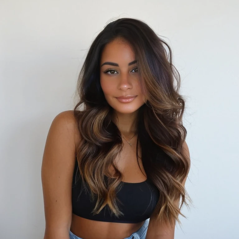 Une jeune femme cheveux noir long légèrement ondulé, de couleur châtain foncé. Les boucles sont bien définies , encadrant son visage avec une touche naturelle et vibrante.peau claire, avec un teint légèrement doré, caractéristique des régions ensoleillées de la colombie. Yeux : clairs, de couleur maron ou noir ajoutant une touche captivante à son apparence. visage : Forme ovale, avec des traits doux et harmonieux. Ses pommettes sont légèrement saillantes, et elle a un sourire craquant. âge : environ 18 ans, dégageant une aura de jeunesse et de vitalité et à l'apparence la plus réel que possible. style : Vêtements décontractés mais sexy crop top corp entier. Elle doit etre le plus réel que possible et elle doit aussi etre tres hot pour onlyfan