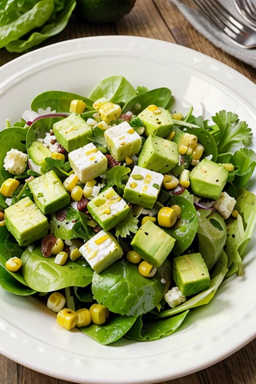 mixed green lettuce salad, corn and avocado in cubes without anything of another color