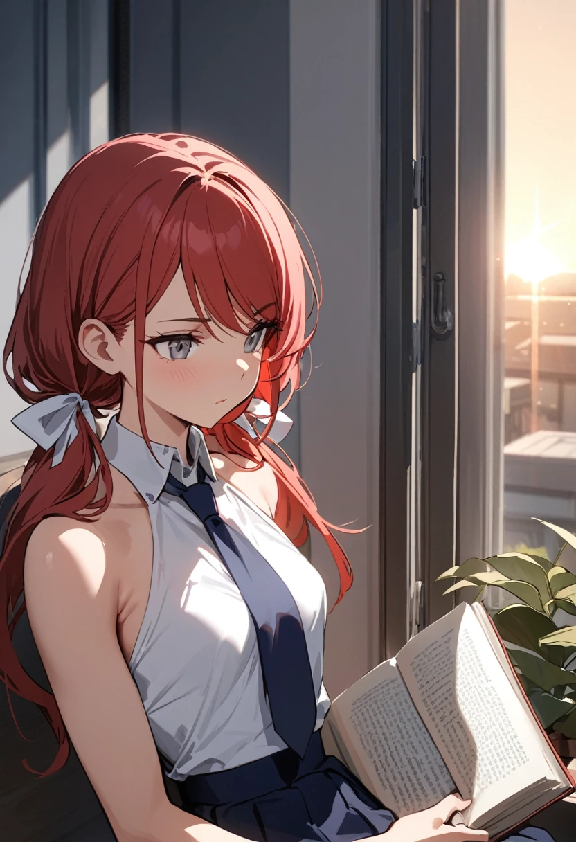 (masterpiece, best quality), 1girl, stoic, sitting on windowsill and reading book, beautiful face, upper body, close up, Gray eyes, red hair, swept bangs, low twin tails, white ribbons, sleeveless halter neck backless white collared shirt, dark blue necktie, dark blue skirt, small breasts, toned arms, sunrise, fluttering curtains, hallway, potted plants