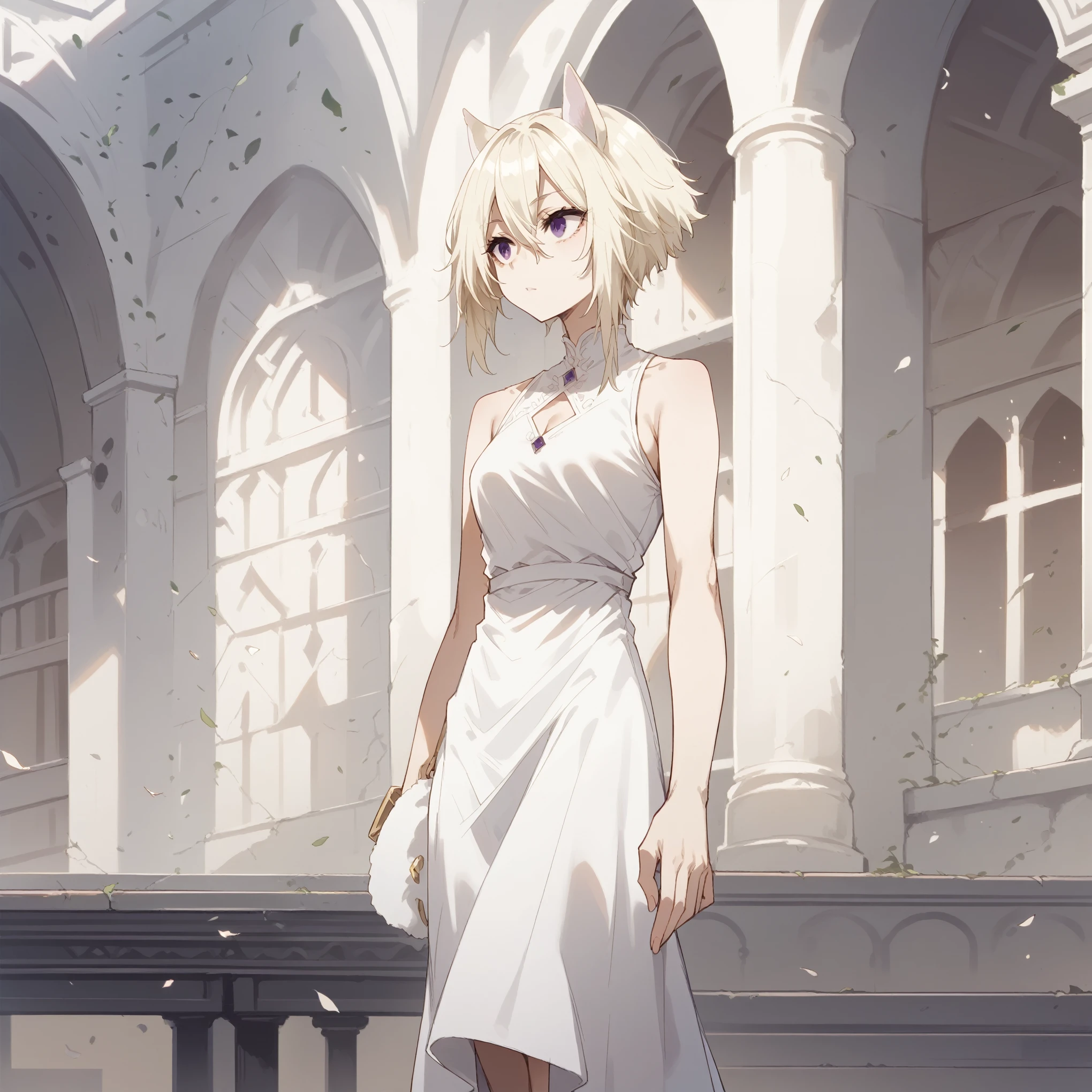 1 girl,short hair,blonde hair,purple eyes,cat ears,tall woman,white dress