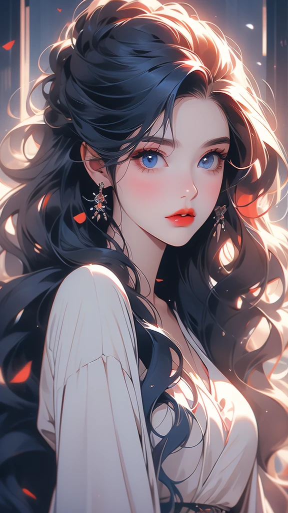 a beautiful woman with very long hair has a big red lip kiss, 1girl, solo, red lips, blue eyes, lips