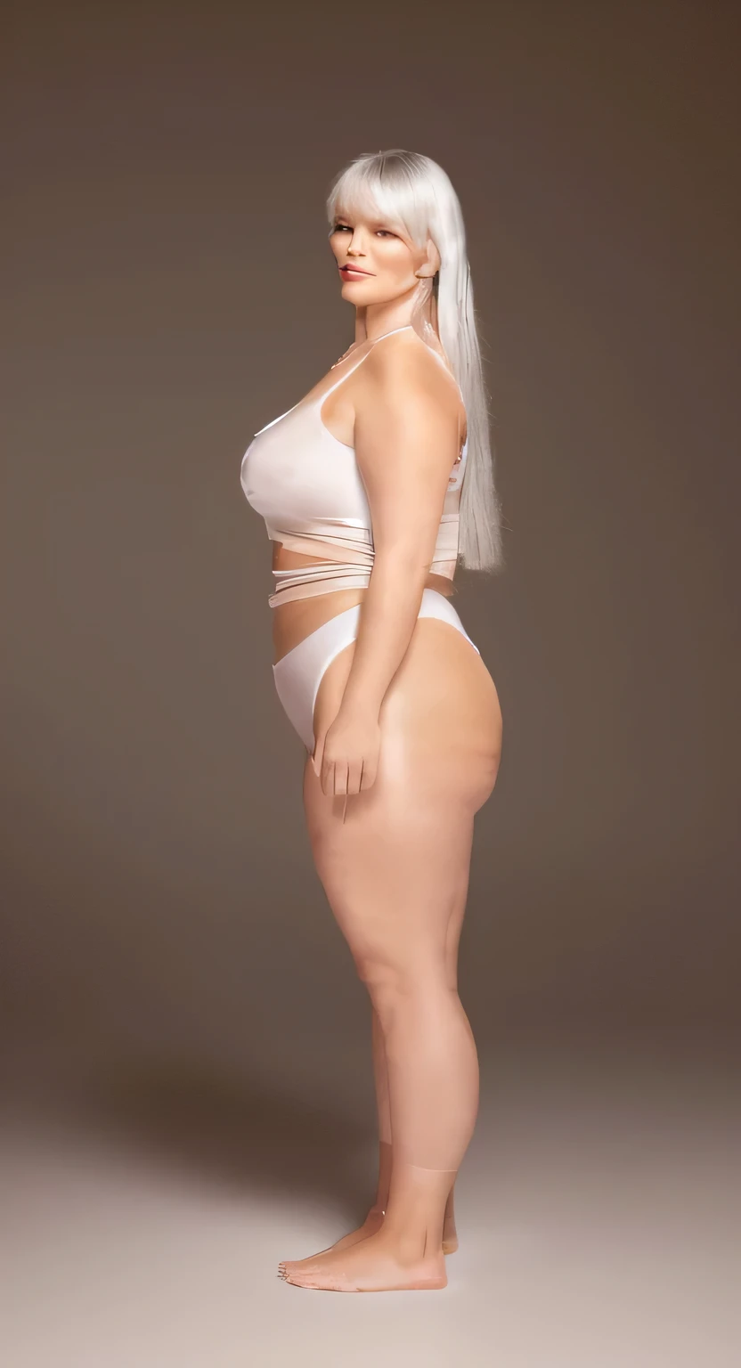 araffe maturs woman in a white tank top and orange shorts, hyperrealistic full figure, thicc, 3 d render of a full female body, thick body, skinny waist and thick hips, photorealistic perfect body, short robust woman, woman is curved, full body wide shot, full body profile pose, female full body, widest hips,Draw a high-definition, ultra-realistic image of a mature woman, around 55 years old, sporting smooth, tanned skin. She must be wearing sexy, white and skimpy lingerie made of transparent organza, creating an extremely sensual atmosphere. Warm tones should enhance the sensuality of the scene. The woman's hair should be short, slightly gray and styled in an elegant way. Additionally, she must display bikini lines, evoking a sense of confidence and self-acceptance. to capture the beauty and natural sensuality that comes with maturity,55 year old mature woman, hot and sexy mature woman, tanned mature woman with bikini lines, 55 year old woman, mature woman in sensual pose, woman wearing transparent organza costume, slightly gray hair,small biquini white transparent