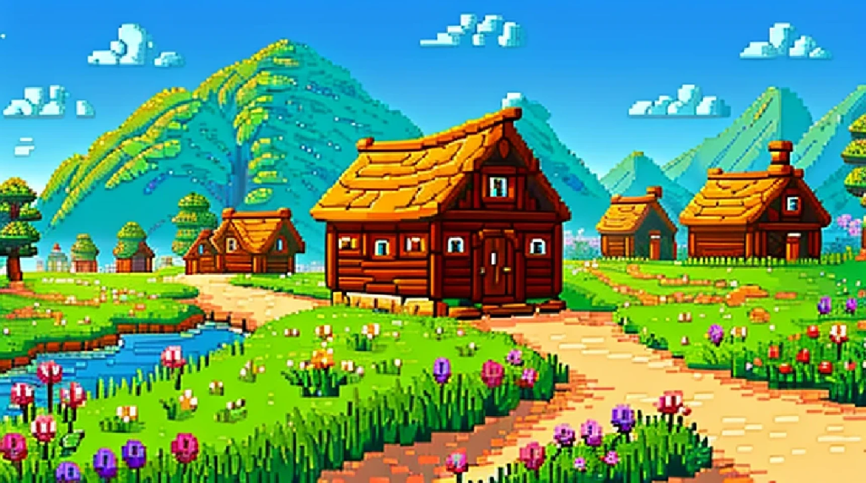 background, A small village on the outskirts of the kingdom. Simple, with small houses, beautiful view, in the style of game of thrones and the witcher, pixelart style