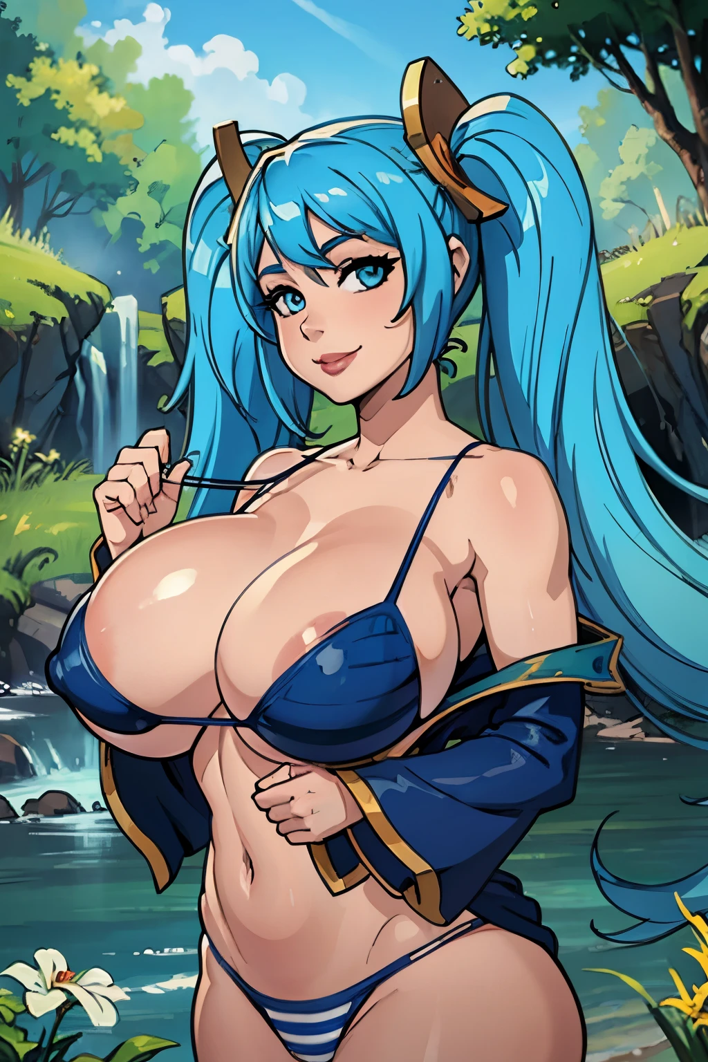 (masterpiece, official art), 1girls, NSFW, solo, shortstackBT, shortstack, thick, curvy, curvaceous, light blue hair, blue eyes, long hair, sona buvelle, twintails, hair ornament, (white striped bikini), (closeup), portrait, (gigantic breasts), standing, cowboy shot, countryside, sunlight, looking at viewer, (upper body), smile, seductive, alluring attire, (cleavage), open shoulders