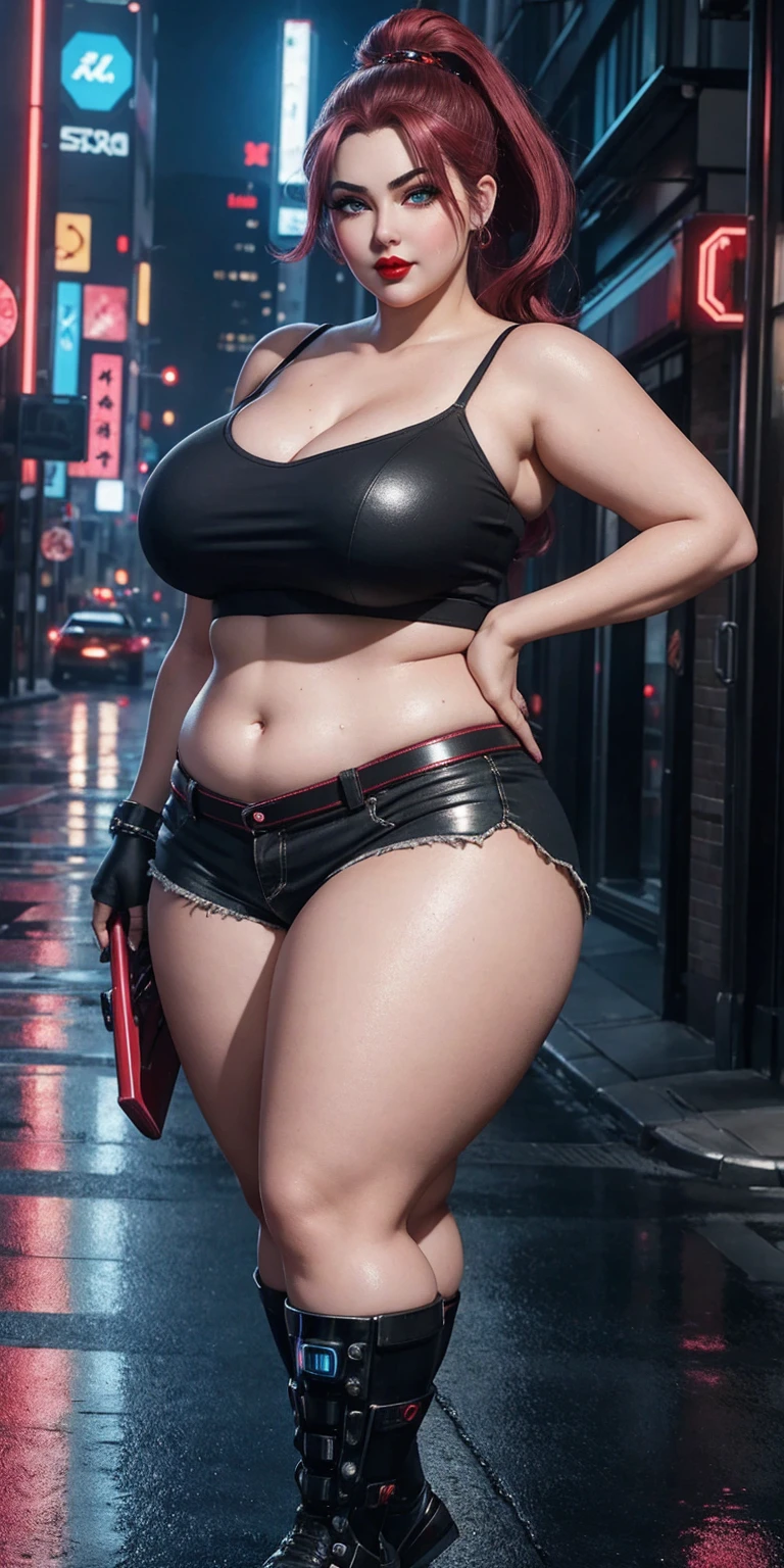 (masterpiece, best quality, expressive eyes, perfect face, hyper-realistic detailed face), Ultra HD, 4K, HDR, (8K), 3D cyberpunk street, gaming hubs, cyberpunk theme, night, futuristic, (1024K), reflections, glass, mirrors, RTX 4090 ti, ray tracing, high octane render, (Doll in cyberpunk streets, gorgeous), (curvy), age 20, confident smirk, wearing shorts, high ponytail, (((red lips))), (((anime like eyes, thick eyelashes))), ((raised arrogant eyebrows)), ((heavy makeup)), pink cheeks, perfect body, (wide hips, wide waist, torso, belly, navel), (curvaceous figure), sweaty skin, (youthful skin), pale white skin