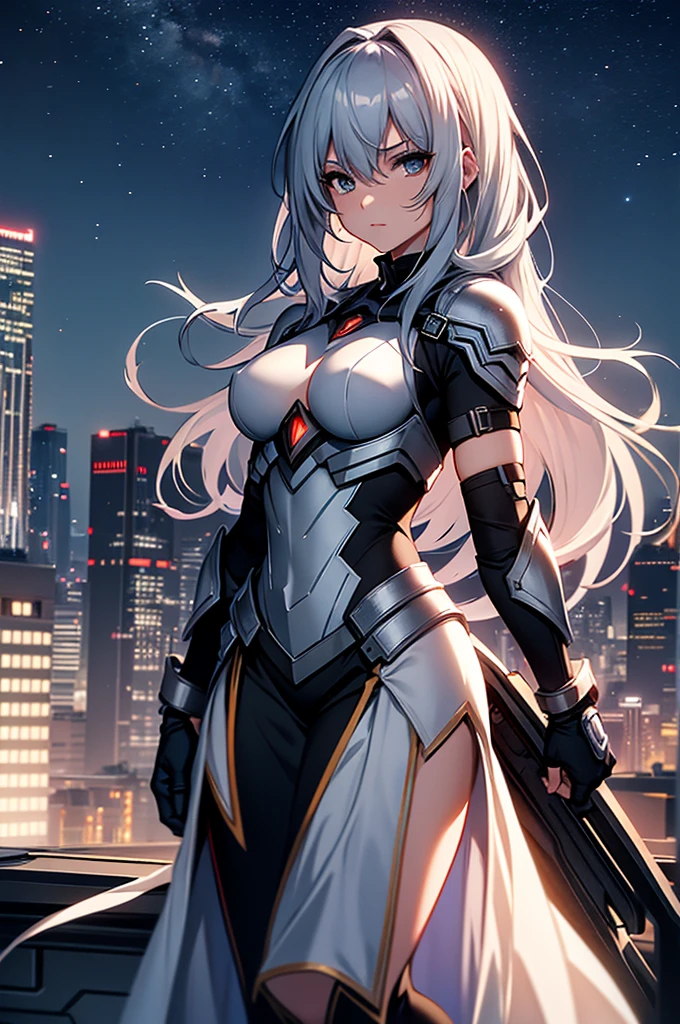 Girl, superhero, heroine, silver costume, armor, on a rooftop, night sky, skyline, high quality, best quality, masterpiece, 4K, 8K