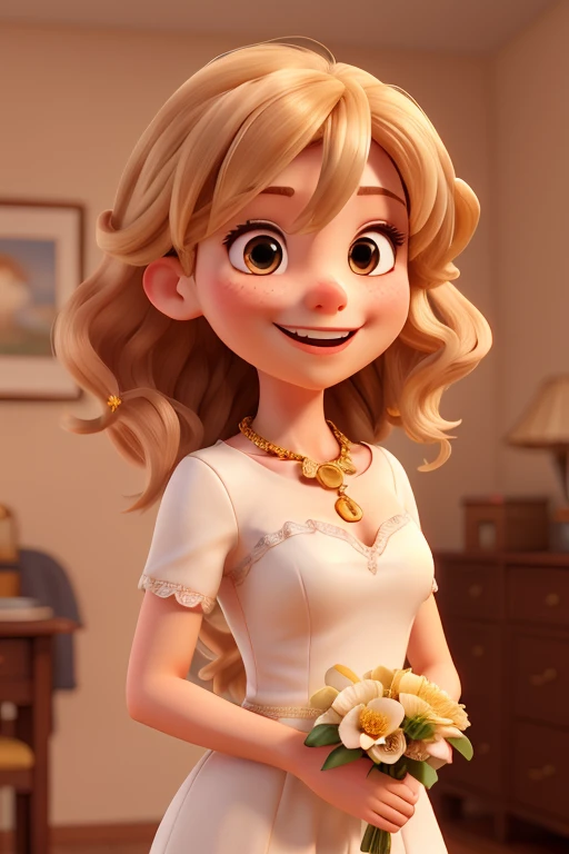 3D female character with hair full of small curls, golden tone hair, long hair, eyes browns, big happy smile, on his neck he has a golden necklace, wearing a simple all-white dress, in his left hand a bouquet of flowers...