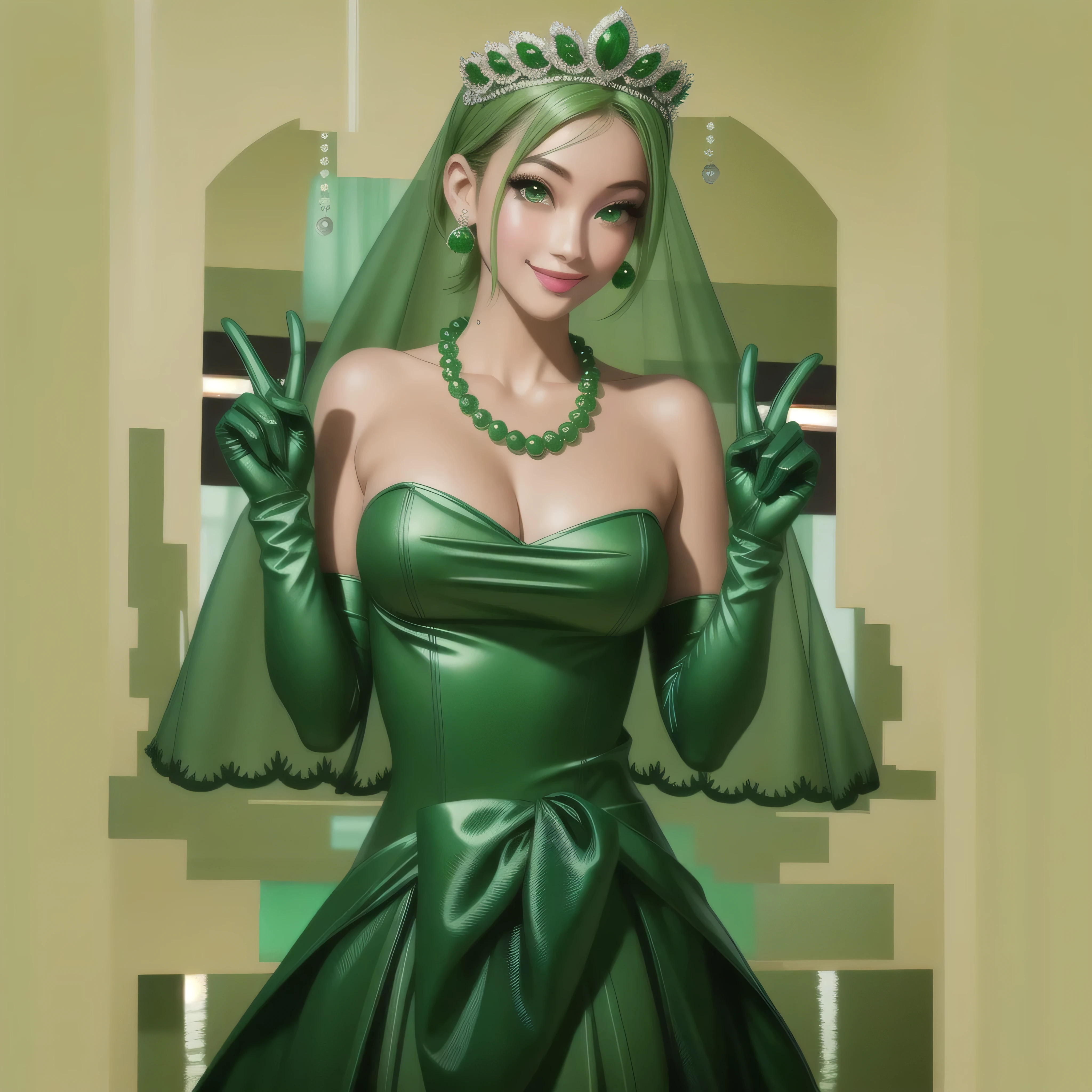 Emerald tiara, Green Pearl Necklace, Boyish very short green hair, Green Lips, Smiling Japanese woman, Very short hair, Busty beautiful lady, Green Eyes, Green satin long gloves, Green Eyes, Emerald Earrings, Green veil, All, Green Hair, Beautiful Japanese Woman, green lip gloss