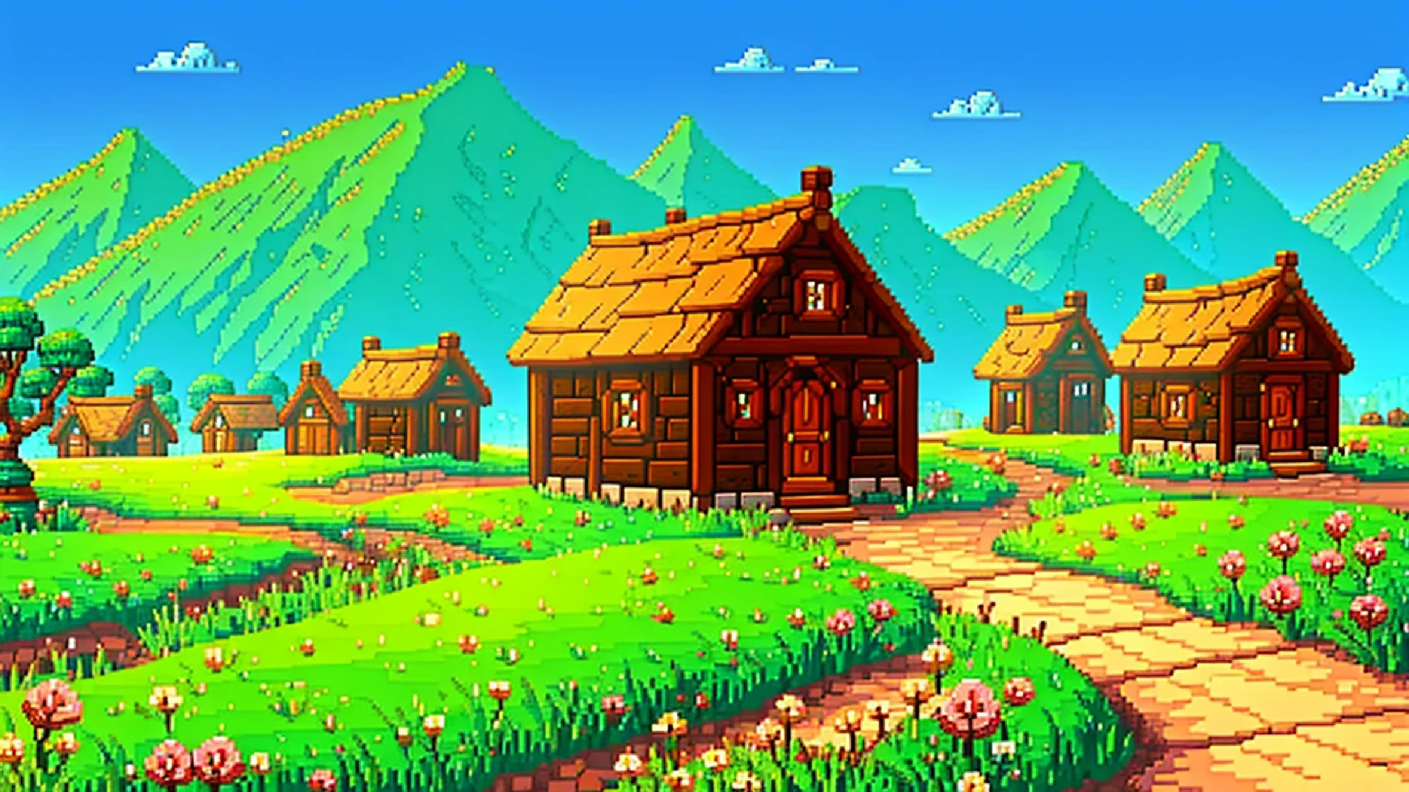 background, A small village on the outskirts of the kingdom. Simple, with small houses, beautiful view, in the style of game of thrones and the witcher, pixelart style