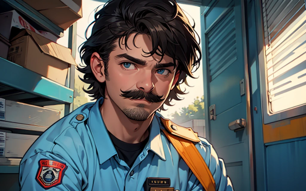 man in police uniform, hopper mustache and hair, stranger things com raiva

