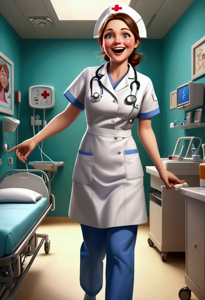 (a nurse), in the style of playful cartoon illustration, realistic and hyper-detailed rendering, interactive media, realistic, detailed rendering, joyful chaos, full body, award-winning, cinematic still, emotional, vignette, dynamic, vivid, (masterpiece, best quality, photorealistic, Professional, perfect composition, very aesthetic, absurdres, ultra-detailed, intricate details:1.3)