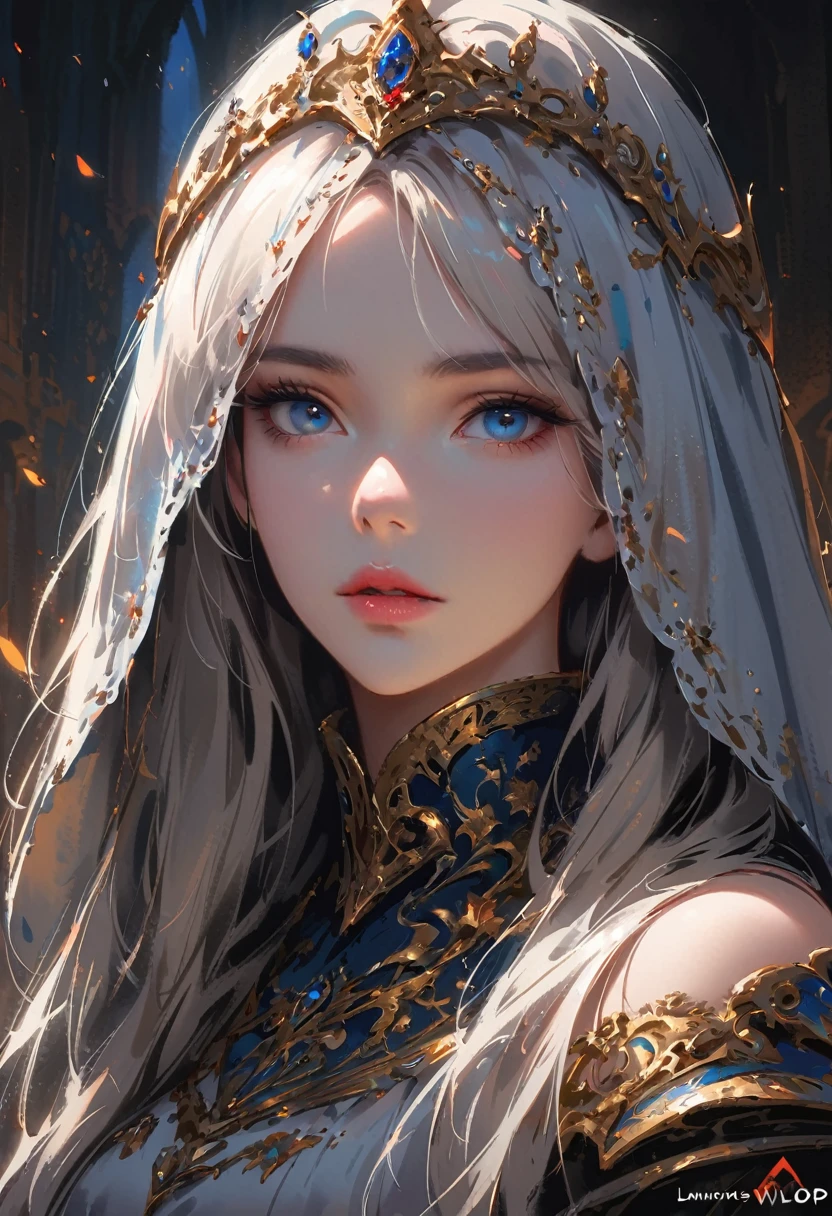 sakimychan style, Wlop style, portrait, Delicate face, Beautiful woman, Full lips, Opaque veil, Medieval veil, Head Rail, 12th century, blue eyes, medieval clothing, Briot, Lord of the Rings armor, white hair, Nearly perfect, Beautiful anime style, Clean Delicate face, glowing shadow, beautiful gradient, Depth of Field, Clean Graphics, high quality, High Detail, HD, Luminous Studio graphics engine