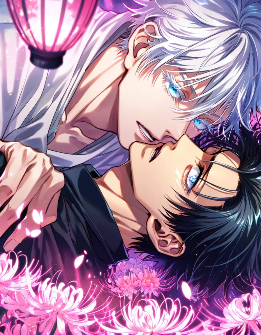 absurd resolution, high resolution, ultra detailed, detailed eyes, delicated features, extremely detailed, HDR, 8K, Gojou Satoru, white hair, expressive blue eyes, white eyelashes, Jujutsu Kaisen, Seiki Naoto, black hair, messy hair, expressive blue eyes, two sexy men together, yaoi, gay couple, handsome, black coat, white coat, fantasy, cool, magical, pink glittering butterflies, pink dust flying around, pink spider lilies, pink petals, pink lanterns, Japanese ambiance, pink blossoms