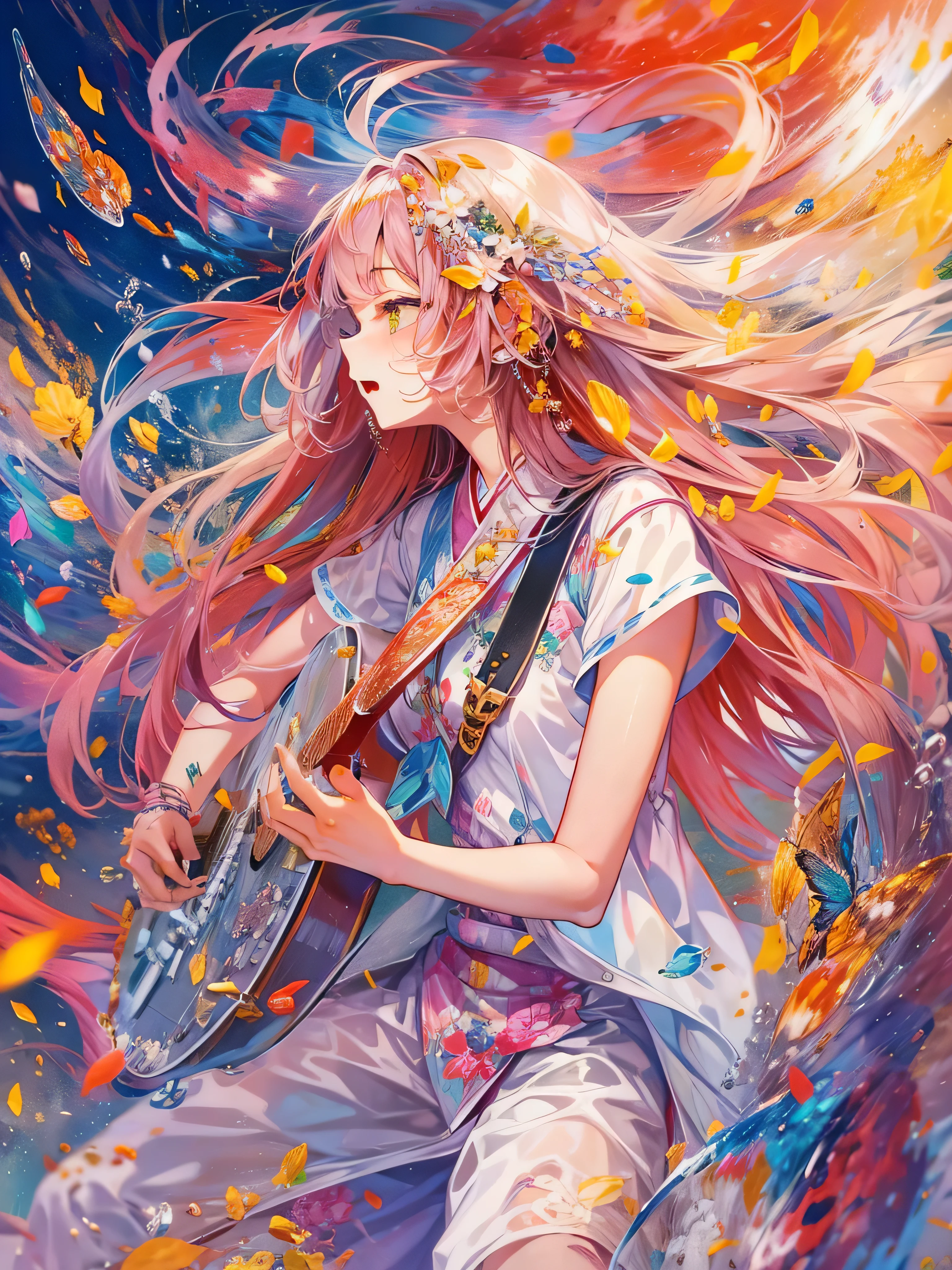 Girl in a dream。I have long, colorful hair。Wear white clothes。It's a rock band。I'm singing a song。Memos flying around。Top quality illustrations。What a beautiful illustration!。Very colorful。