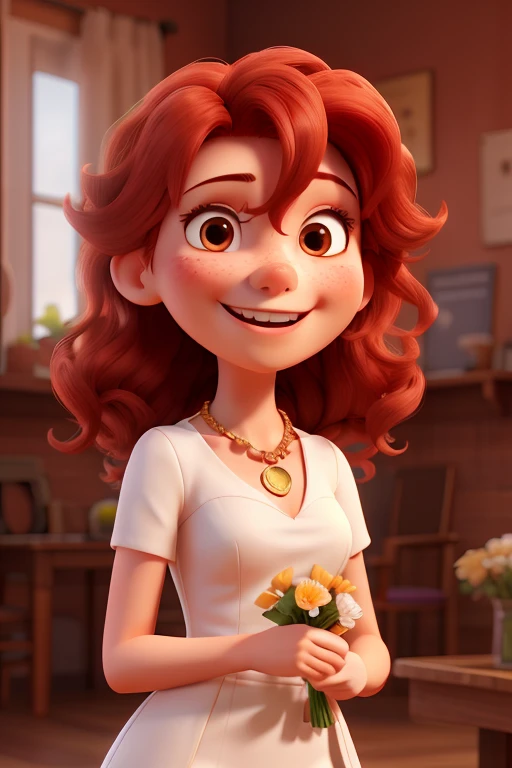 3D female character with hair full of small curls, red hair, long hair, eyes browns, big happy smile, on his neck he has a golden necklace, wearing a simple all-white dress, in his left hand a bouquet of flowers...