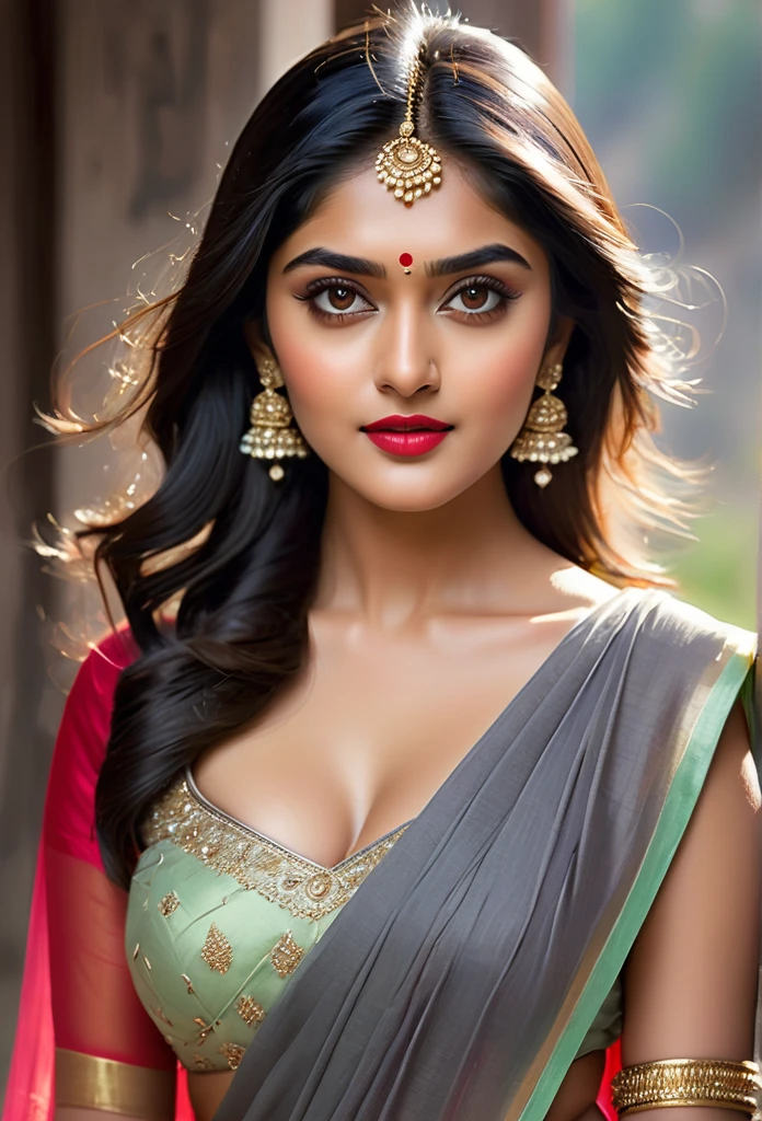 perfect pink eyes, fantastic face, Indian woman named Mrunal thakur, beautiful look, ((red lips, bright eyes, curve heir 1.5)), ((beautiful details very big breast )), (Straight round and ((ultra huge clevage)), not sagging breast), A glorious gorgeous, glorious gorgeous face, pretty face, bright eyes, detailed elegant printed red saree, updo elegant hair, blurred gray tones background, ultra focus, face ilumined, face detailed, 8k resolution, painted, dry brush, brush strokes, razumov style and garmash style, by Tokaito,  ((Full Open )), full body, sexy open thin belly, upper body part totally naked 