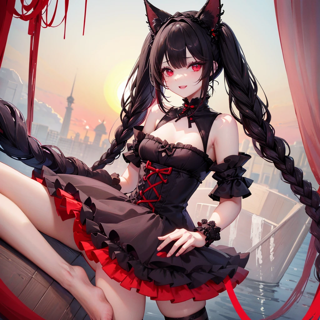 A short girl with slanted eyes and a very well-developed chest, laughing fearlessly.、Black braided hairstyle、Wear lots of decorative accessories、Red Eyes、Animal Ears、sunset、Elegant blue Gothic Lolita outfit、Key visual from the waist up